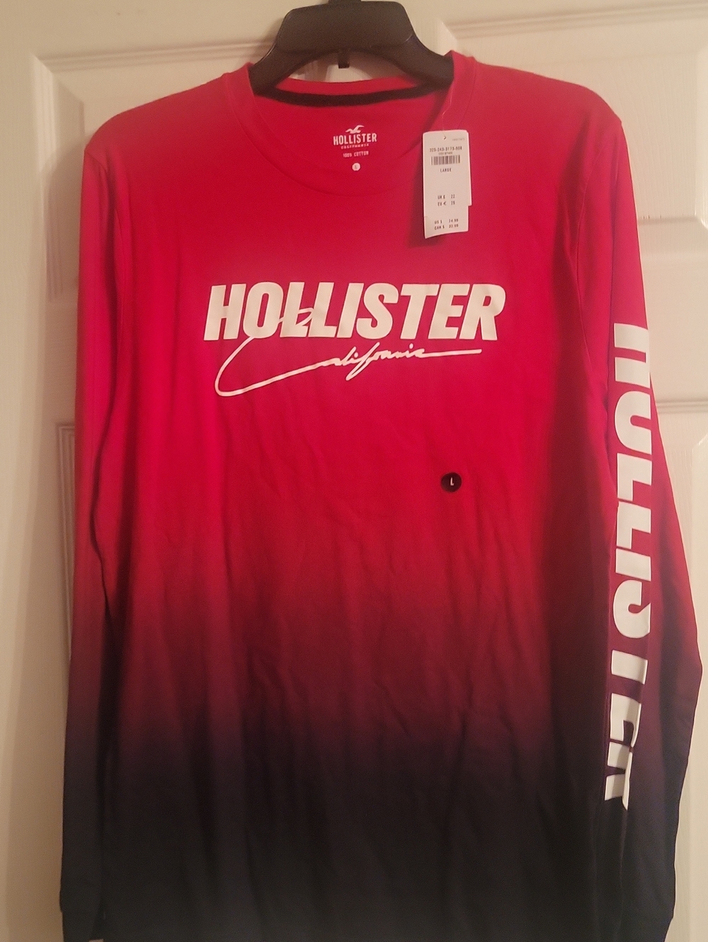Hollister Men’s Red to Black Ombre Long-Sleeve Logo Shirt Brand New